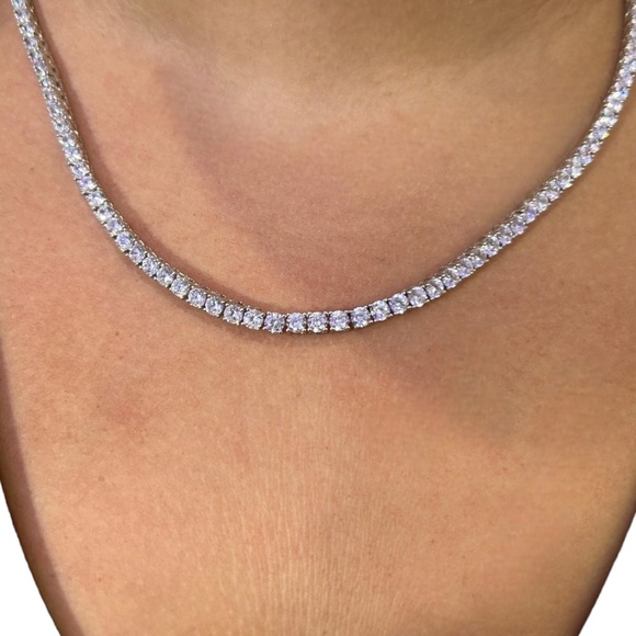 925 Sterling Silver Tennis Necklace With Cubic Zirconia 16” Long - Picture 2 of 8